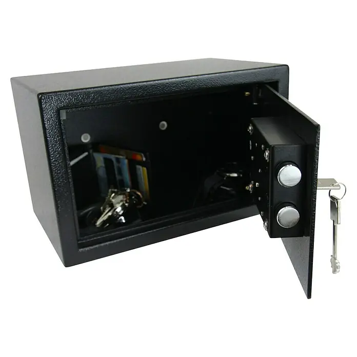 Basi Möbeltresor MT 200 - L x B x H: 200 x 320 x 200 mm, Doppelbart-Hochsicherheitsschloss, Schwarz - Offener schwarzer Sicherheitssafe mit Digitalschloss, Schlüssel und Inhalt (Schlüssel, Uhr).
