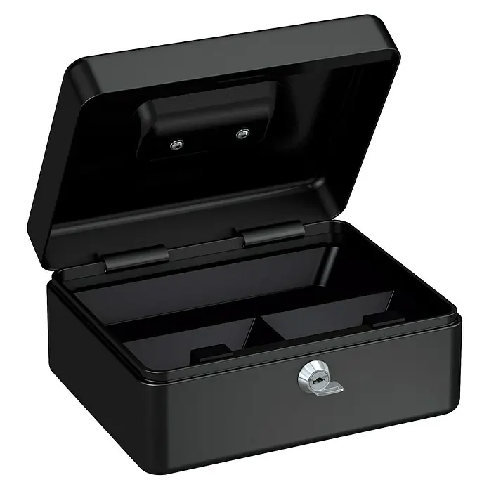 Basi Geldkassette GK10 - L x B x H: 20 x 16 x 9 cm, Schwarz - Offene schwarze Metall-Geldkassette mit Schlüssel im Schloss und Innenfächern.