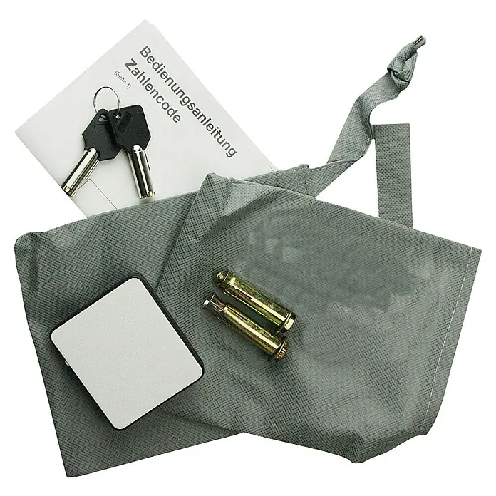 Basi Möbeltresor EMT 380 Code - L x B x H: 380 x 330 x 430 mm, Elektronisches Zahlenschloss, Schwarz - Graue Stoff-Zubehörtasche mit Anleitung, Schlüsseln, kleinem Gerät und Ankerbolzen.