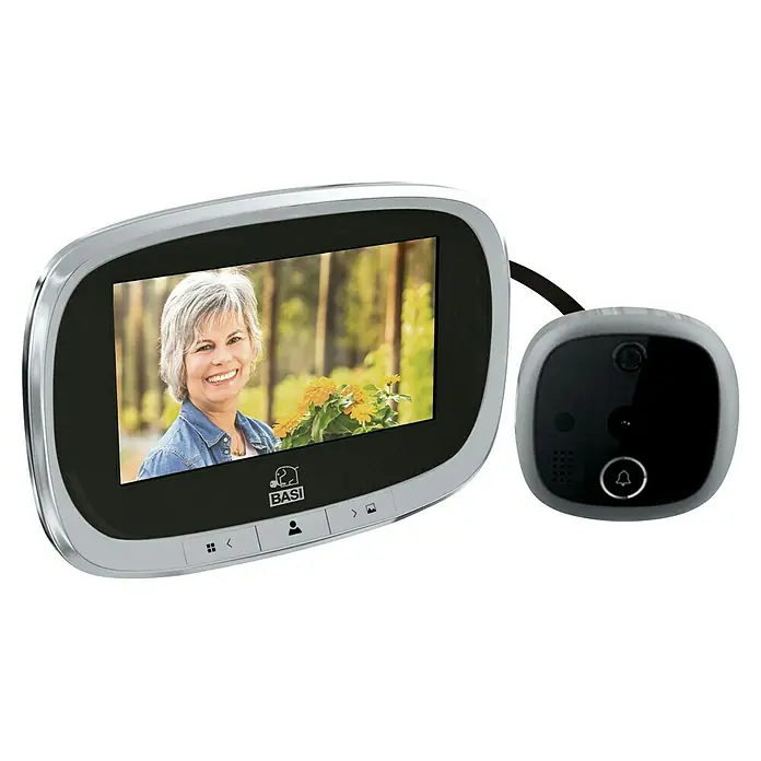 Basi Digitaler Türspion TS 810 - Einbaumaß: Ø 14 - 22 mm, TFT-Bildschirm, Stärke Tür: 35 mm - 120 mm - Silber-graue und schwarze Video-Türklingel mit Innenmonitor, der eine lächelnde Frau zeigt.