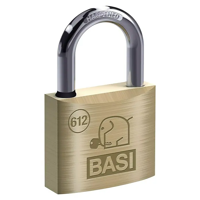 Basi Vorhängeschloss VHS 612 - Breite: 60 mm, Bügelstärke: 10 mm, Material Bügel: Stahl - Messing-Vorhängeschloss mit poliertem Stahlbügel, graviert mit 'HARDENED', 'BASI'-Logo, Elefantenlogo und der Nummer '612'.