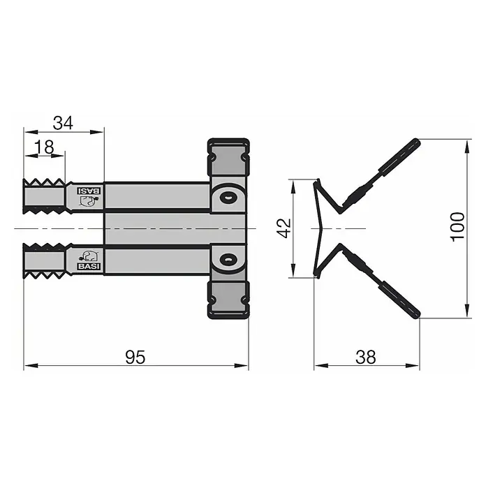 Basi Rollladensicherung RK 100 - Edelstahl, 2 -tlg. - Technisches Diagramm eines BASI Doppelzylinderschlosses mit Maßen und Schlüsselprofilansicht.