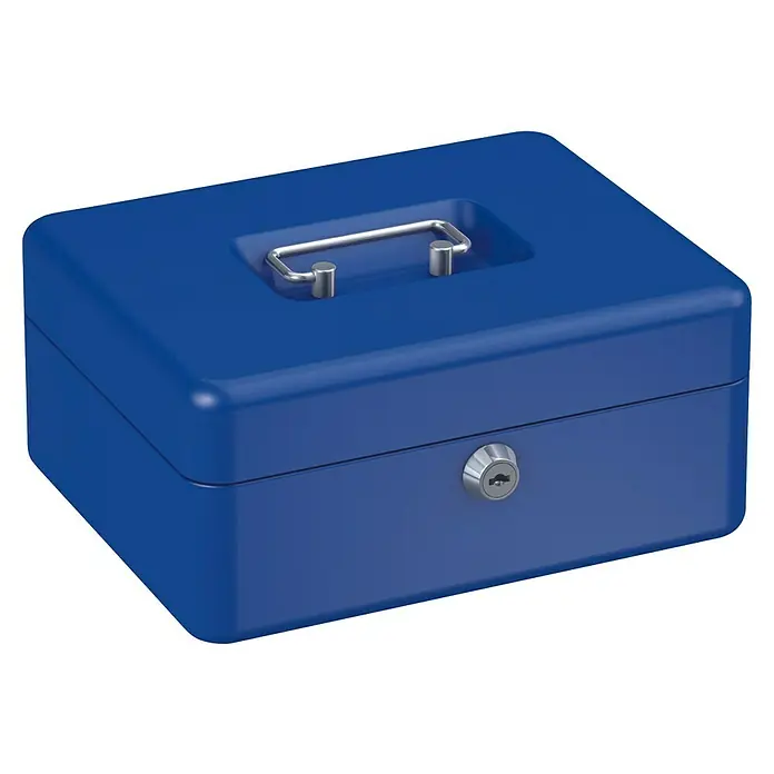 Basi Geldkassette GK10 - L x B x H: 20 x 16 x 9 cm, Blau - Blaues Metallkassett mit silbernem Griff und Schlüsselschloss.