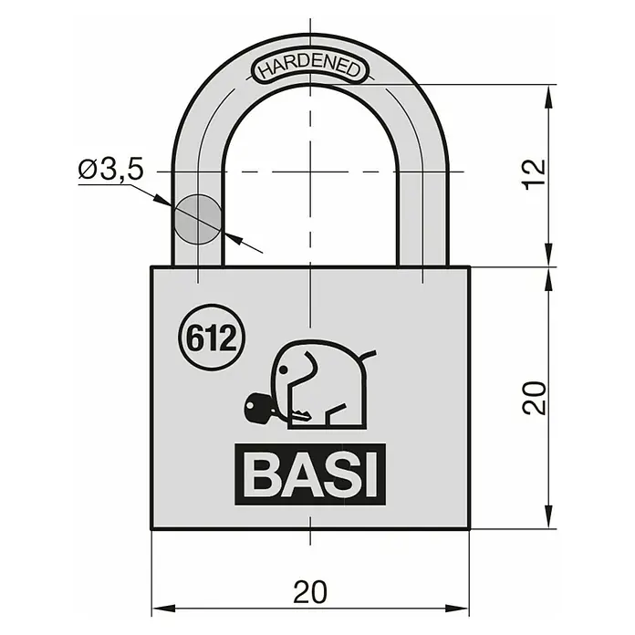 Basi Vorhängeschloss VHS 612 - Breite: 20 mm, Bügelstärke: 3,5 mm, Material Bügel: Stahl - Graues Vorhängeschloss mit Ø3,5mm gehärtetem Stahlbügel. Korpus 20x20mm, Bügelhöhe 12mm. Mit BASI-Logo.