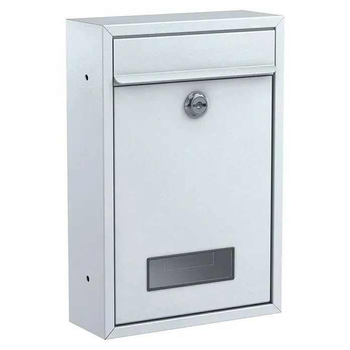 Basi Wandbriefkasten BK 100 - L x B x H: 8,2 x 21,5 x 32 cm, Weiß, Stahl, Namensschild - Weißer Wandbriefkasten aus Metall mit Schlüsselschloss, Einwurfschlitz und Sichtfenster.