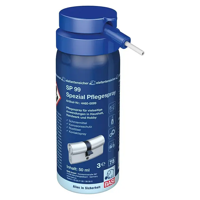 Basi Pflegespray - 50 ml - Blaue BASI Pflegespraydose mit weißer Düse, zur Schmierung, Rostlösung und als Kontaktspray.