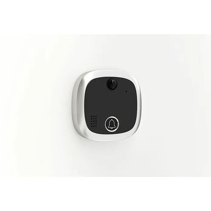 Basi Digitaler Türspion TS 810 - Einbaumaß: Ø 14 - 22 mm, TFT-Bildschirm, Stärke Tür: 35 mm - 120 mm - Schwarze und silberne smarte Video-Türklingel mit Kamera, Lautsprecher und Klingelknopf.