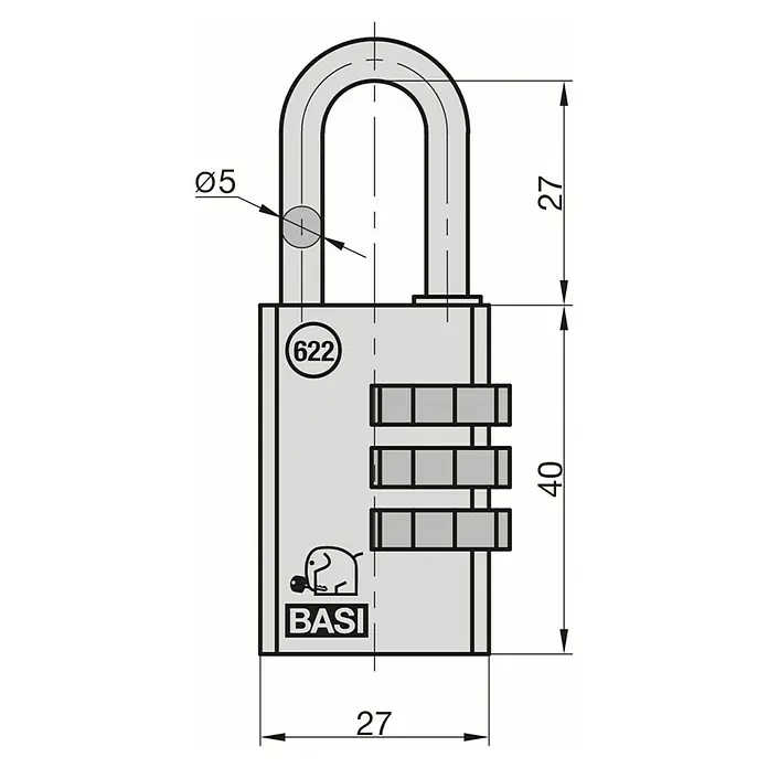 Basi Zahlenschloss VHS 622 - L x B: 40 x 27 mm, Bügelstärke: 5 mm, Messing - Graues Zahlenschloss mit drei Zahlenrädern, Maße: Ø5 Bügel, 27x40mm Korpus.