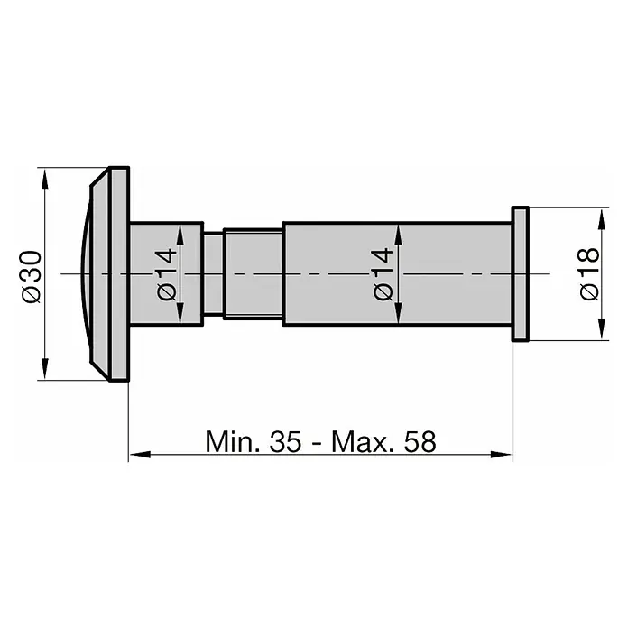 Basi Türspion TS680 - Silber, Messing, Stärke Tür: 35 mm - 58 mm - Verstellbares zylindrisches Bauteil mit Ø30 Kopf, Ø14 Schaft und Ø18 Ende, Länge 35-58mm.