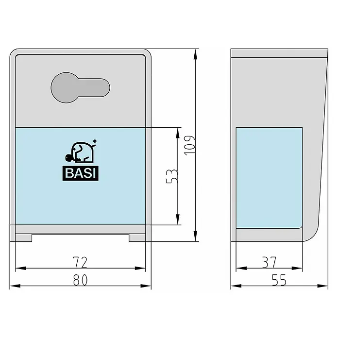 Basi Schlüsselkasten SSPZ 110 - Zylinderschloss, L x B x H: 55 x 80 x 110 mm - Technische Zeichnung einer grauen Produktverpackung mit Aufhängerlasche, blauem Etikett und Maßen.