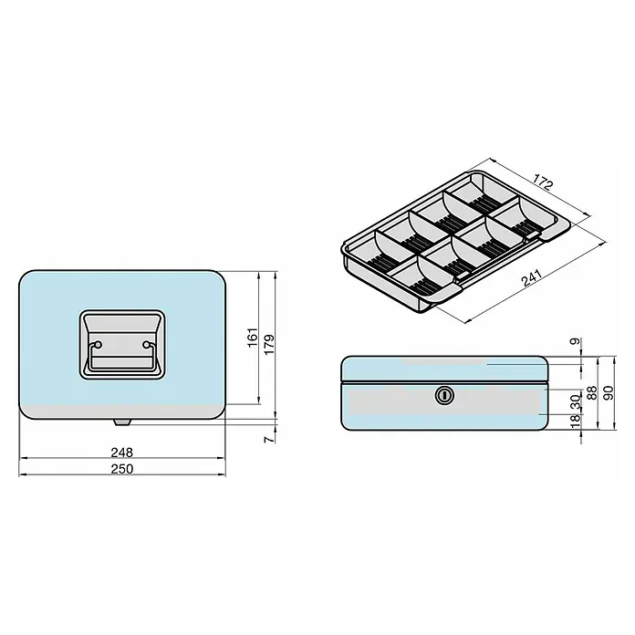 Basi Geldkassette GK10 - L x B x H: 25 x 18 x 9 cm, Blau - Hellblauer und grauer rechteckiger Aufbewahrungskoffer mit sicherem Verschluss und herausnehmbarer grauer Fächerablage.