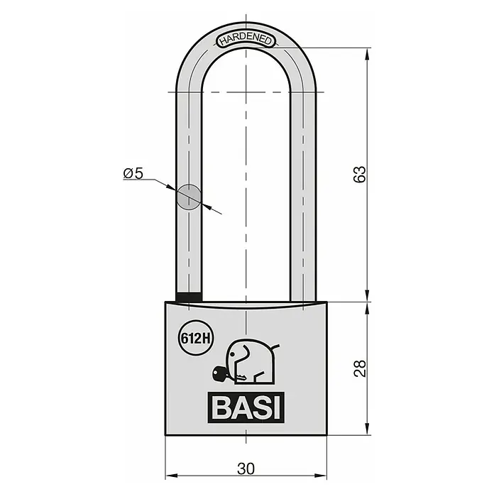 Basi Vorhängeschloss 612H - Breite: 30 mm, Bügelstärke: 6 mm, Material Bügel: Stahl - Graues Vorhängeschloss aus gehärtetem Stahl mit 5mm Bügel, 63mm Gesamthöhe, 30mm Breite und BASI-Logo.