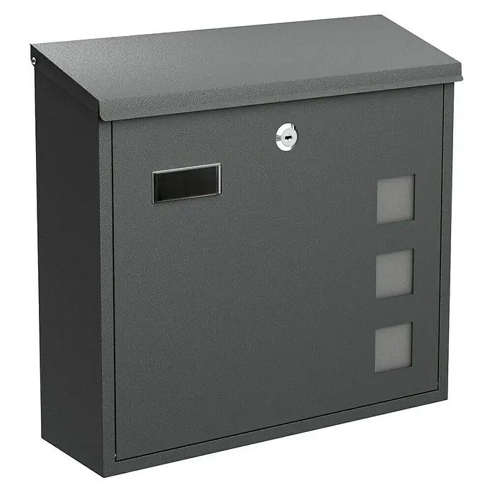 Basi Wandbriefkasten BK 350 M - L x B x H: 11,7 x 34,6 x 33 cm, Anthrazit, Stahl, Namensschild - Grauer Metallbriefkasten mit Schlüsselloch, Namensschildhalter und drei quadratischen Sichtfenstern.