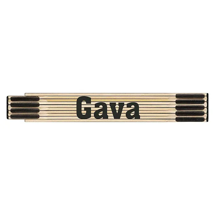 BAUHAUS Metro de madera - Gavà, Largo: 200 cm - La imagen muestra un metro plegable con la palabra "Gava" impresa en él. La regla está plegada y se encuentra horizontalmente sobre un fondo blanco.