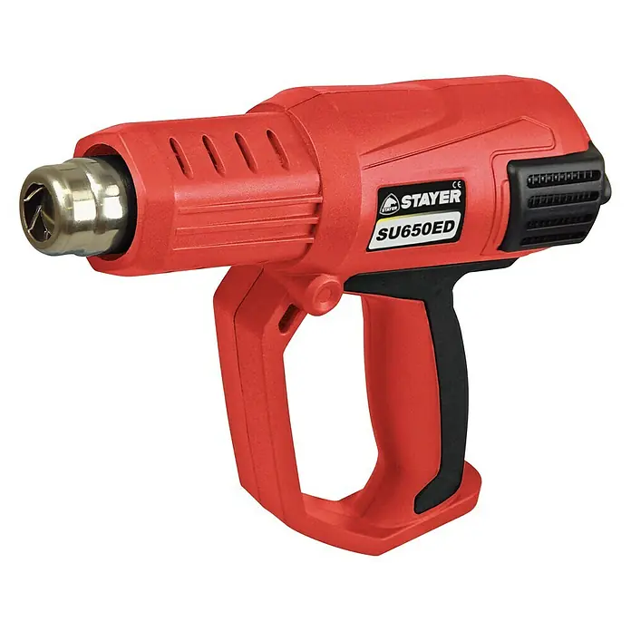 Stayer Pistola de aire caliente SU 650 EDK - 50 °C - 600 °C - Imagen de una pistola de calor roja Stayer SU650ED con mango negro, utilizada para diversos proyectos de bricolaje y manualidades.