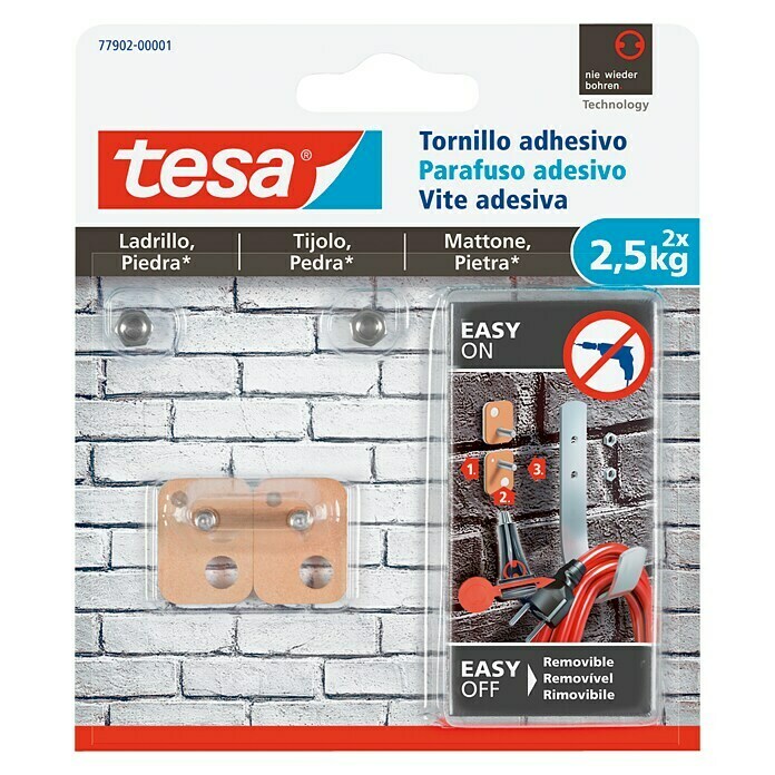 Tesa Tornillo adhesivo (Específico para: Ladrillo, Carga soportada: 2,5 kg, 2 uds., Rectangular)