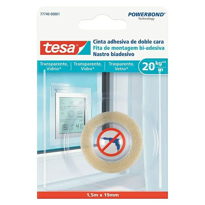 Tesa Powerbond Cinta de doble cara Vidrio - 1,9 cm x 1,5 m, Transparente - Cinta de montaje Tesa Powerbond para vidrio, transparente, doble cara, para fijar objetos de hasta 20 kg/m en superficies de vidrio.
