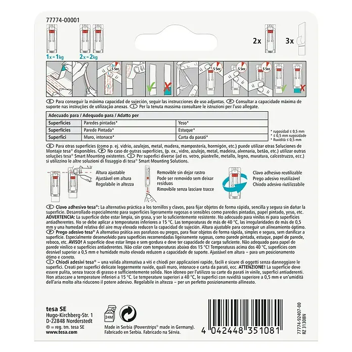 Tesa Clavo adhesivo ajustable - Blanco, Carga soportada: 1 kg, 2 ud. - Clavo adhesivo Tesa: Clavo adhesivo reutilizable para superficies ligeramente rugosas, ideal para colgar objetos decorativos.