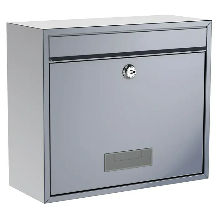 Basi Wandbriefkasten BK 900 - L x B x H: 15 x 36 x 31 cm, Silber, Stahl, Namensschild - Silberner Metallbriefkasten mit Einwurfschlitz und abschließbarer Tür.
