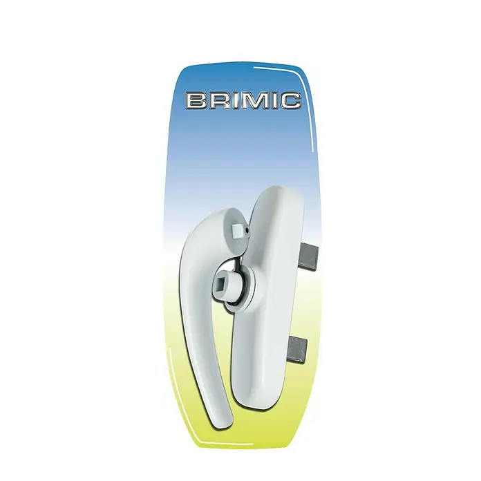 Micel Manilla para ventana 6833 - Largo: 13,7 cm, Blanco, Aluminio - Primer plano de un maneta de ventana blanca de la marca Brimic sobre un fondo azul.