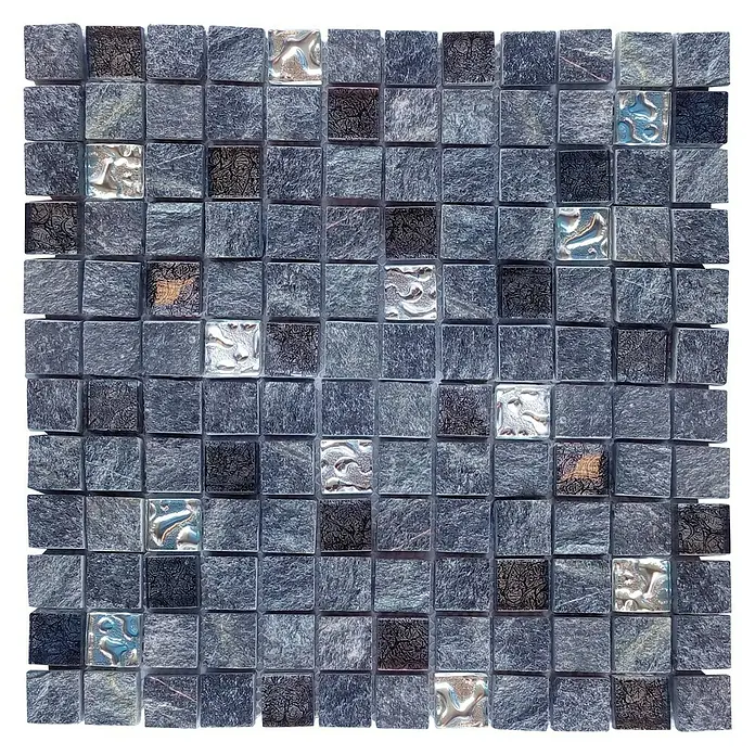 Malla mosaico Urales - 30 x 30 cm, Negro - Patrón de baldosas de mosaico cuadrado en tonos de azul y plata, ideal para proyectos decorativos de pared o suelo.