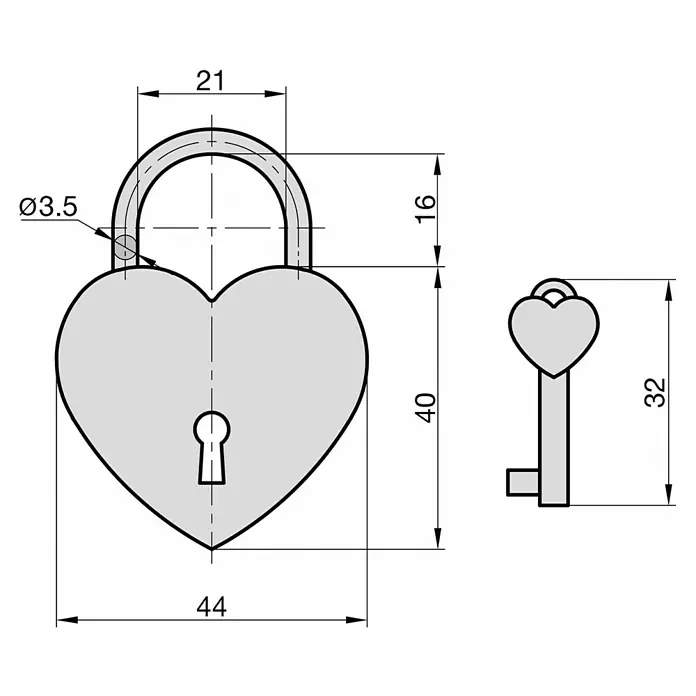 Basi Vorhängeschloss - L x B x H: 49 x 45 x 8 mm, Gold - Zeichnung eines grauen, herzförmigen Vorhängeschlosses und seines Schlüssels mit Maßen.
