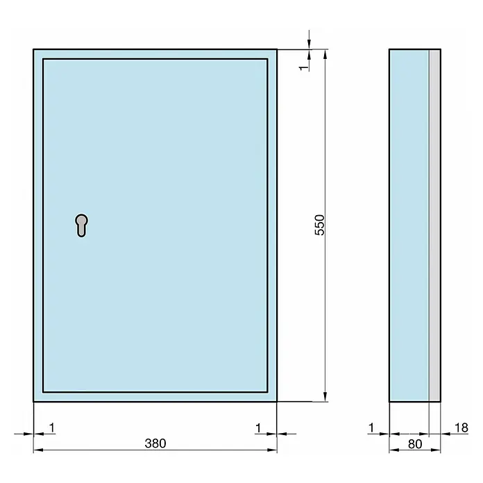 Basi Schlüsselkasten SS100 - L x B x H: 550 x 380 x 80 mm, Anzahl Haken: 100 Stk. - Hellblauer Schrank mit Schlüsselloch, Vorder- und Seitenansicht mit Maßen 550x380x80mm.
