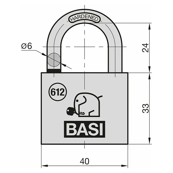 Basi Vorhängeschloss VHS 612 - Breite: 40 mm, Bügelstärke: 6 mm, Material Bügel: Stahl - Graues Vorhängeschloss mit gehärtetem 6mm Bügel und 40mm breitem Körper, mit BASI-Logo.