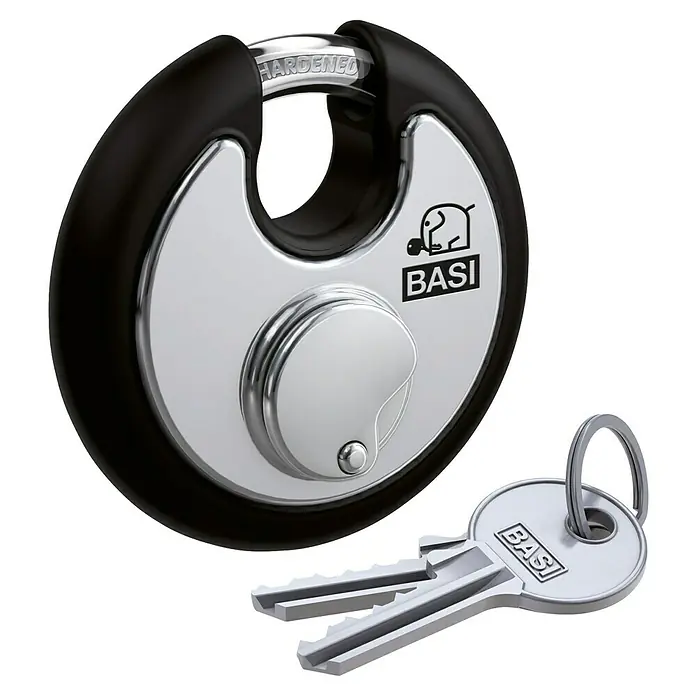 Basi Diskusschloss RVS 610W - B x H: 70 x 70 mm, Bügelstärke: 9,5 mm, Material Bügel: Gehärteter Spezialstahl - Schwarzes und silbernes Diskusvorhängeschloss mit gehärtetem Bügel, begleitet von zwei passenden silbernen Schlüsseln.