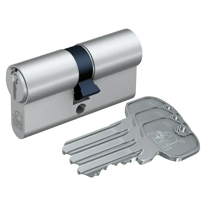Basi Profilzylinder AS - Baulänge innen: 35 mm, Baulänge außen: 70 mm, Material Zylinder: Messing, Profilschlüssel - Silberfarbener Schließzylinder mit blauem Nocken und passendem Metallschlüssel.