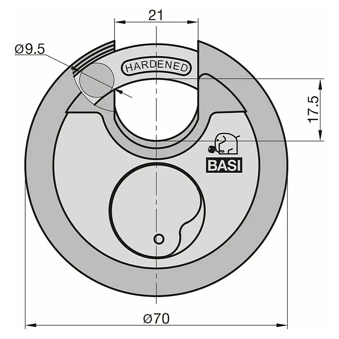 Basi Diskusschloss RVS 610W - B x H: 70 x 70 mm, Bügelstärke: 9,5 mm, Material Bügel: Gehärteter Spezialstahl - Technische Zeichnung eines grauen, gehärteten Schließzylinders mit Maßen (Ø70, Ø9.5, 21, 17.5mm) und BASI Logo.