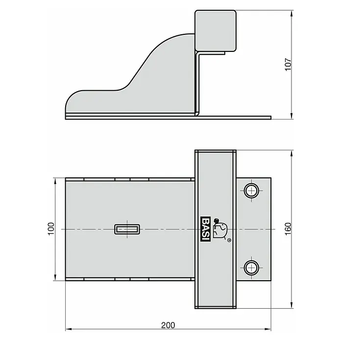 Basi Tor-Zusatzsicherung - L x B x H: 200 x 160 x 107 mm, Stahl - Technische Zeichnung eines grau-schwarzen Türsicherungsriegels mit Maßen.