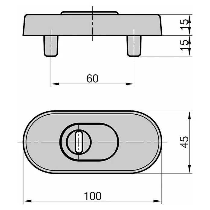 Basi Schlüsselschild SR 1000 ZA - Braun - Technische Zeichnung eines grauen, ovalen Griffs mit zwei Befestigungszapfen und zentralem Schlitz.