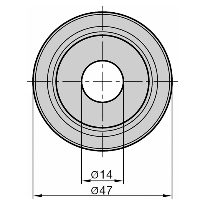 Basi Abdeckrosette für Türspion - Passend für: Basi Türspion TS 680, Gold - Grauer gerillter Ring mit mittigem Loch, der Ø14 und Ø47 Durchmesser zeigt.
