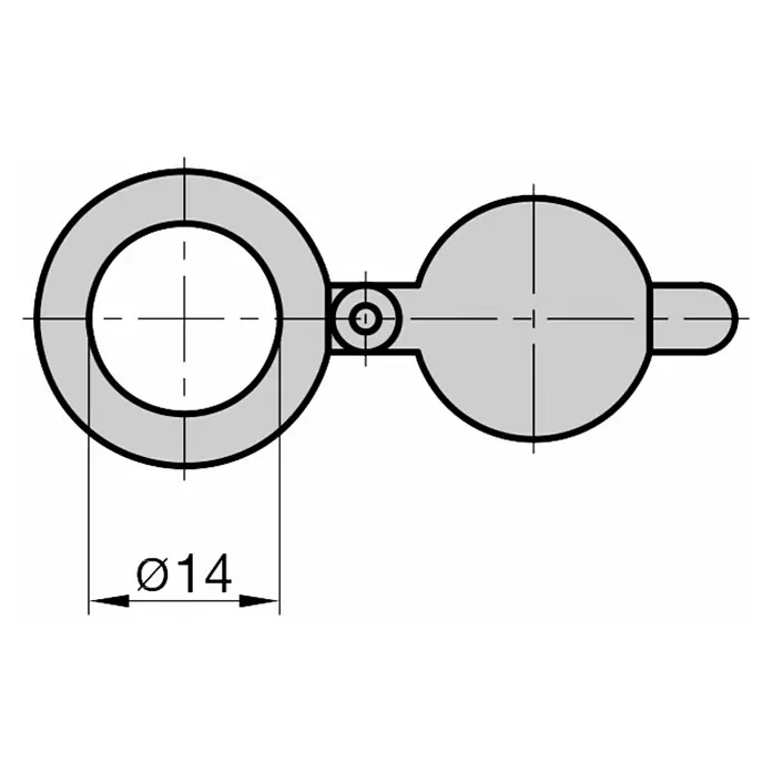 Basi Blende für Türspione - Passend für: Basi Türspion TS 680, Gold - Technische Zeichnung eines zweiteiligen Verbinders: Ring mit ø14 Innendurchmesser und Rundkopf mit verlängertem Stift, durch ein Gelenk verbunden.