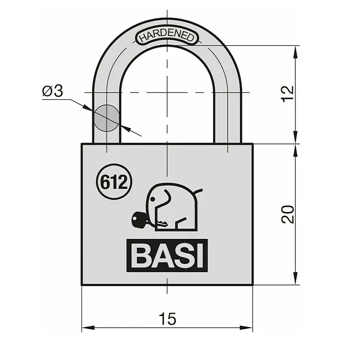 Basi Vorhängeschloss VHS 612 - Breite: 15 mm, Bügelstärke: 3 mm, Material Bügel: Stahl - Graues Vorhängeschloss mit gehärtetem Ø3x12mm Bügel und 20x15mm Körper, Marke BASI, Modell 612.