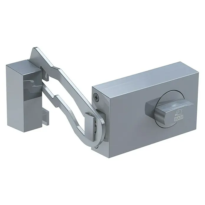 Basi Türzusatzschloss KS500 - Edelstahl, DIN Anschlag: Universell einsetzbar, Dornmaß: 70 mm, Sperrbügel - Gebürsteter silberner BASI Türschutzbügel mit Schwenkarm und Drehknopf.