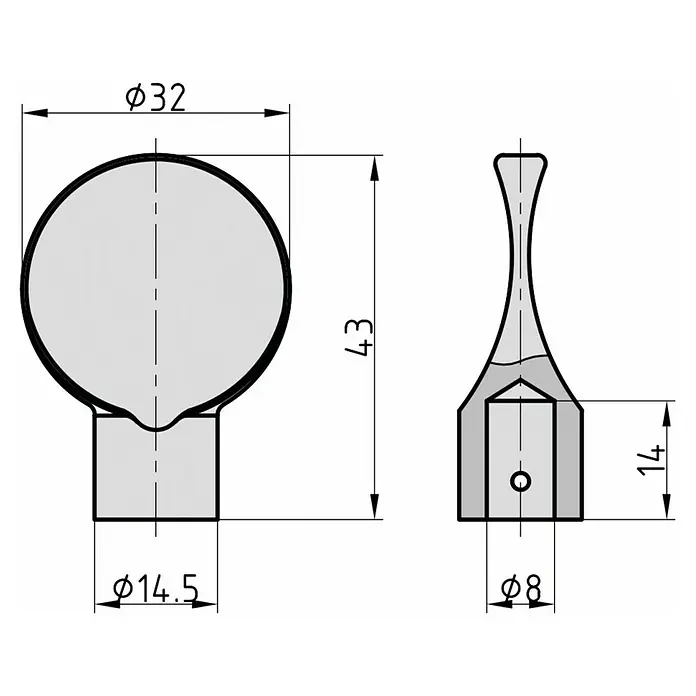 Basi Knaufteil O-Form - Vernickelt - Technische Zeichnung eines kugelköpfigen Knaufs mit zylindrischem Sockel und innerer Befestigungsbohrung.