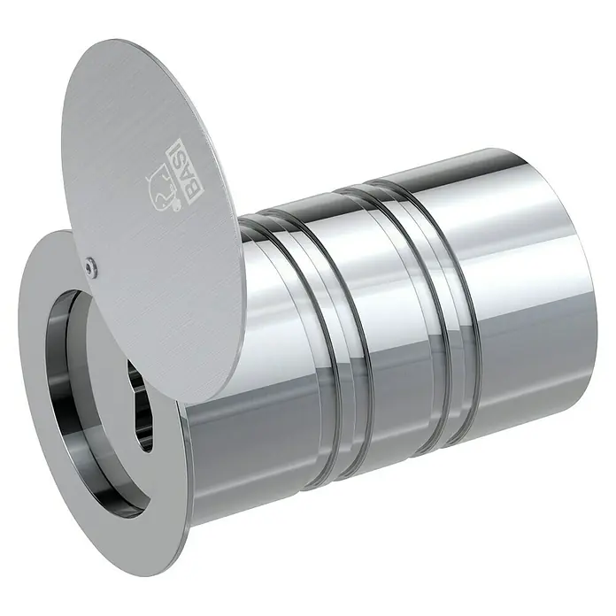 Basi Rohrtresor RT 103-S - Länge: 140 mm, Aluminium - Polierter Chrom-Türspion mit teilweise geöffneter Sichtschutzklappe aus gebürstetem Metall.