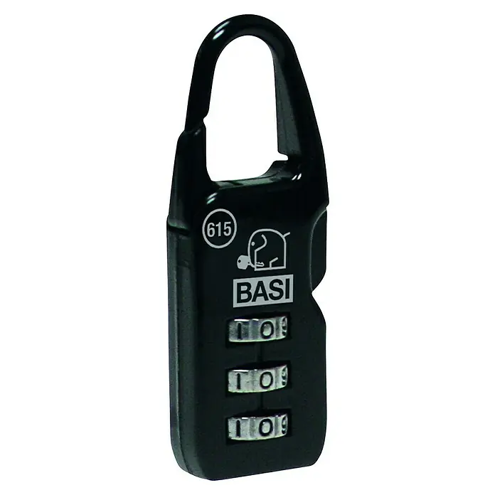 Basi Zahlenschloss KS 615 - 60 x 21,5 mm, Bügelstärke: 3 mm, Material Gehäuse: Aluminium - Schwarzes BASI Zahlenschloss mit Bügel, Code 109 und Nummer 615.