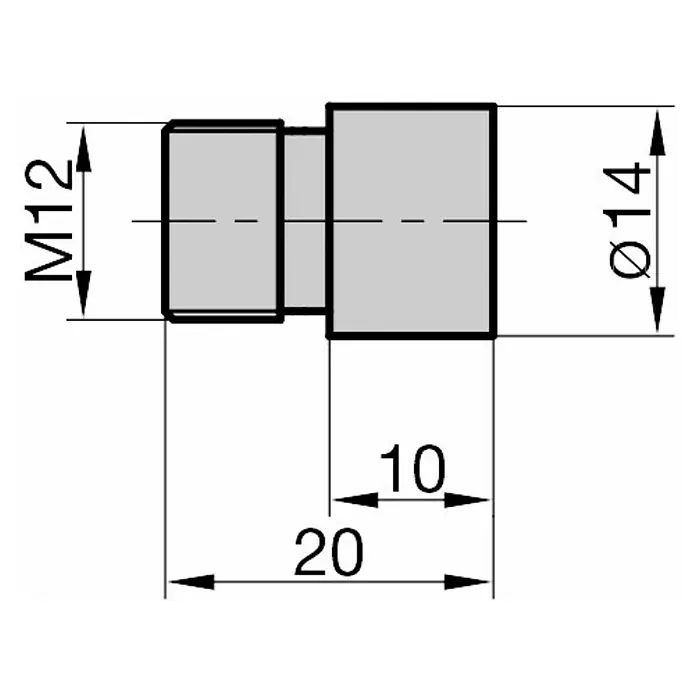 Basi Verlängerungsstück für Türspione - Passend für: Basi Türspion TS 680, Länge: 20 mm - Technische Zeichnung eines gestuften zylindrischen Bauteils: M12 Gewinde, Ø14mm Abschnitt 10mm lang, Gesamtlänge 20mm.