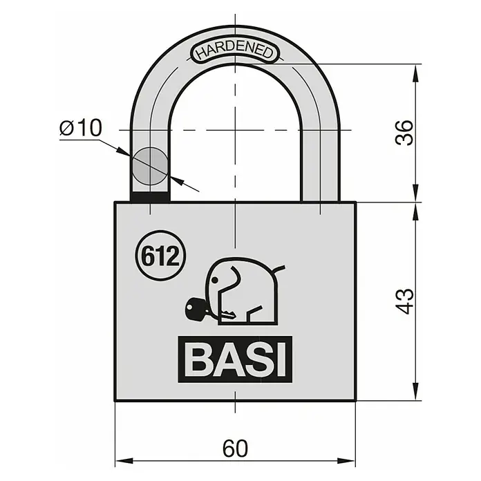 Basi Vorhängeschloss VHS 612 - Breite: 60 mm, Bügelstärke: 10 mm, Material Bügel: Stahl - Robustes graues BASI Vorhängeschloss mit gehärtetem Ø10 Bügel. Maße: Bügelhöhe 36, Korpushöhe 43, Breite 60. Mit Elefanten-Logo und Code 612.