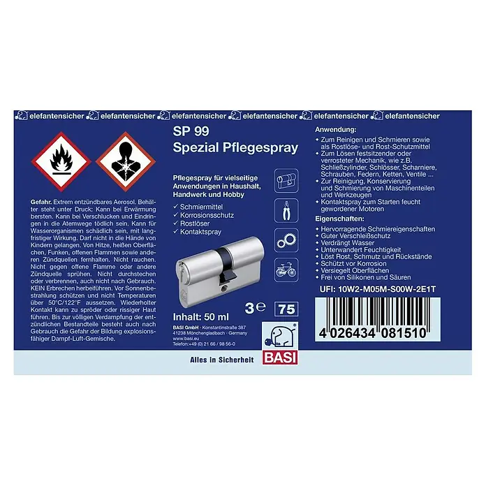Basi Pflegespray - 50 ml - BASI SP 99 Spezial Pflegespray (50ml), Schmier-, Rostlöse- und Kontaktspray mit Sicherheitshinweisen.