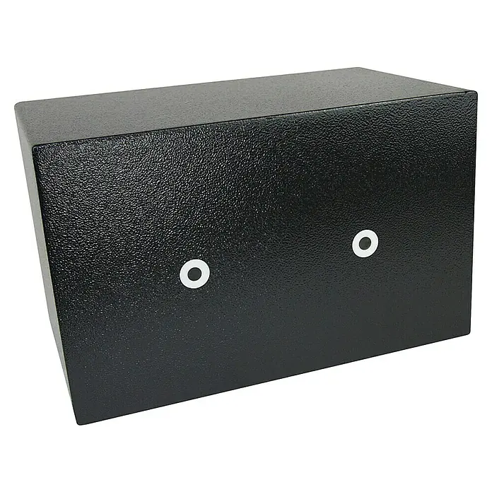 Basi Möbeltresor MT 200 - L x B x H: 200 x 320 x 200 mm, Doppelbart-Hochsicherheitsschloss, Schwarz - Schwarze, texturierte Metall-Sicherheitsbox mit zwei weißen kreisförmigen Elementen auf der Vorderseite.