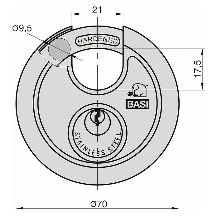Basi Diskusschloss RVS 610 - B x H: 70 x 70 mm, Bügelstärke: 9,5 mm, Edelstahl - Runde Schließzylinderfront, Ø70, aus gehärtetem Edelstahl, mit Schlüsselloch und BASI-Logo.