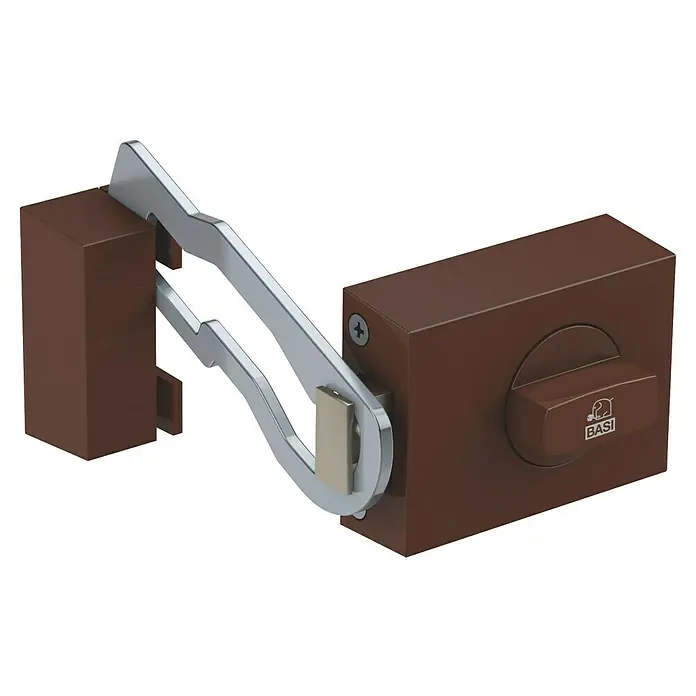 Basi Türzusatzschloss KS500 - Braun, DIN Anschlag: Universell einsetzbar, Dornmaß: 70 mm, Sperrbügel - Braunes und silbernes Türsicherheitsschloss mit Drehknopf und BASI-Logo.