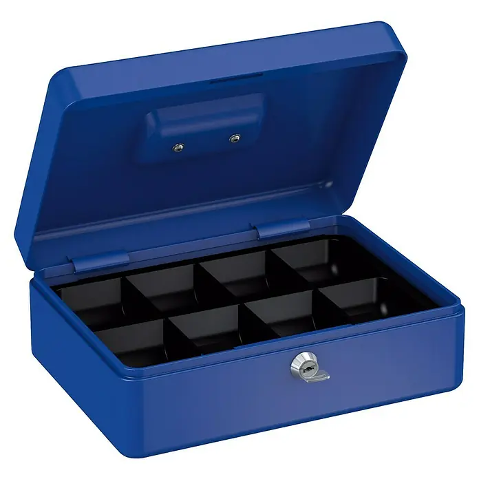 Basi Geldkassette GK10 - L x B x H: 25 x 18 x 9 cm, Blau - Blaue Metallgeldkassette, offen, mit Innenfächern und Schlüssel im Schloss.