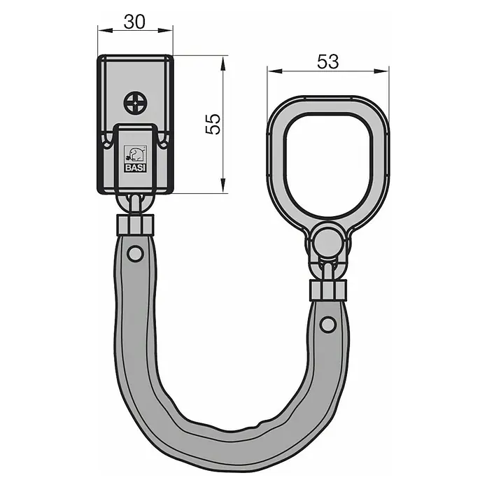 Basi Türkette TK 25 - Kettenlänge: 18,5 cm, Silber - Graue Türkette mit rechteckigem Montageblock (30x55mm) und U-förmigem Bügel (53mm breit), verbunden durch ein flexibles Band.