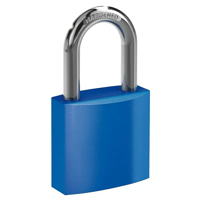 Basi Vorhängeschloss VHS 619 - Blau, Aluminium, Bügelstärke: 6,5 mm - Blaues Vorhängeschloss mit gehärtetem silbernem Bügel für Sicherheit.