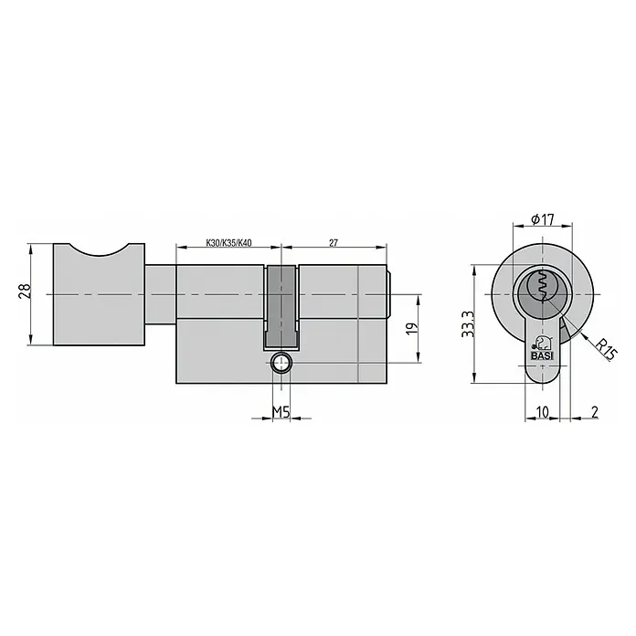 Basi Knaufzylinder AS - Baulänge innen: 30 mm, Baulänge außen: 27 mm, Anzahl Schlüssel: 3 Stk., Profilschlüssel - Technische Zeichnung eines Profilzylinder-Türschlosses aus Metall mit Maßen und Schlüsselloch.